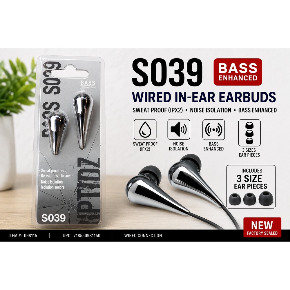 Riptdz S039 Wired In-Ear Earbuds Bass Enhanced Noise Isolation Chrome IPX2 NEW